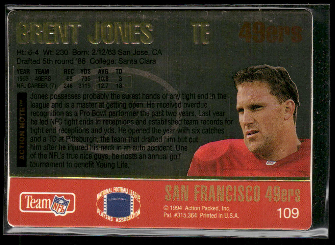 Brent Jones 1994 Action Packed #109 San Francisco 49ers