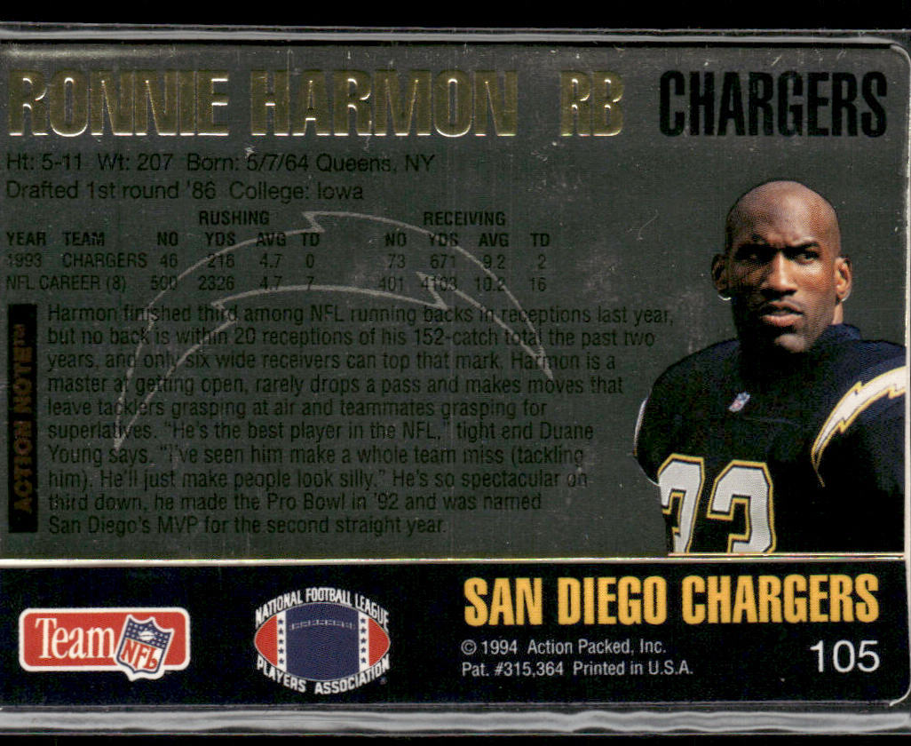 Ronnie Harmon 1994 Action Packed #105 San Diego Chargers