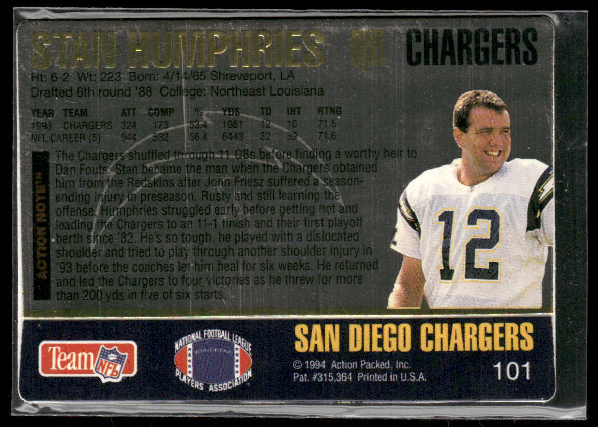 Stan Humphries 1994 Action Packed #101 San Diego Chargers