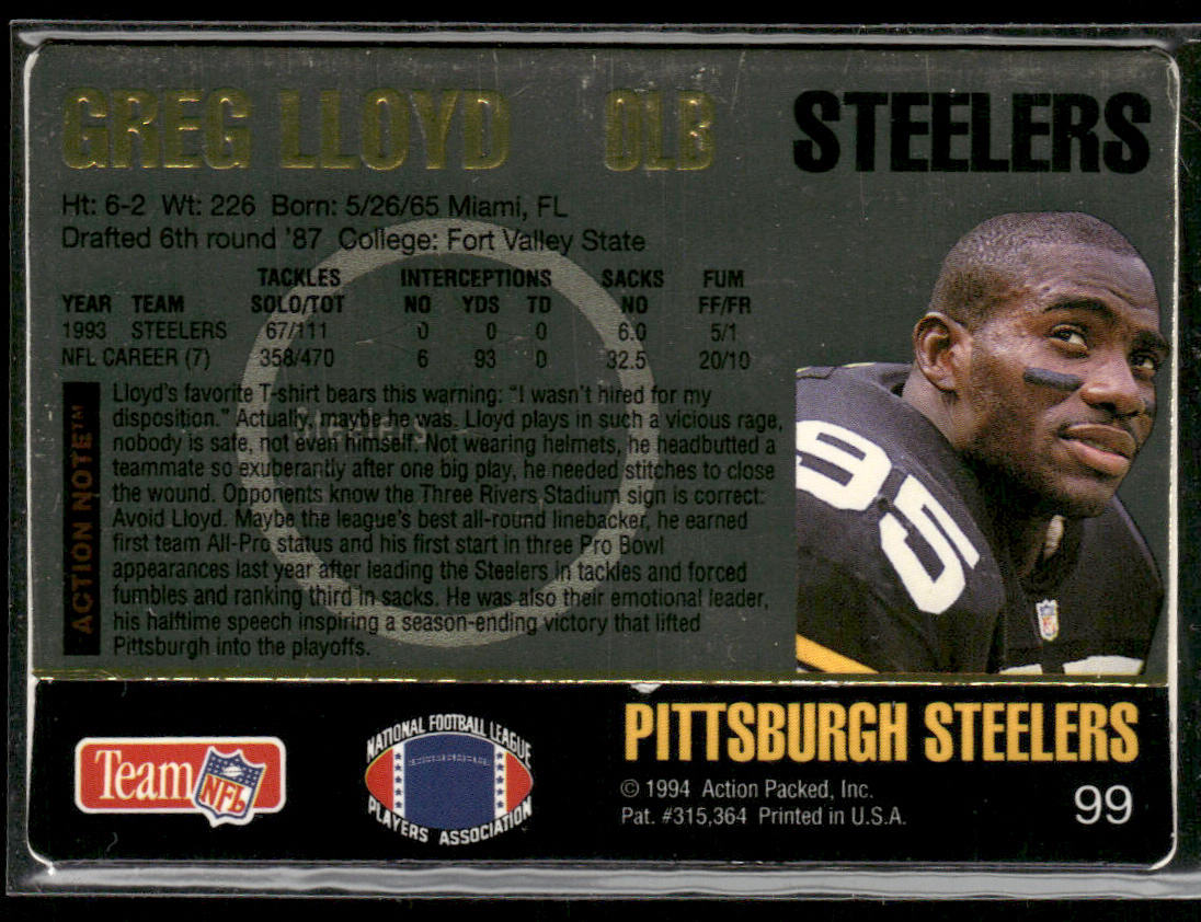 Greg Lloyd 1994 Action Packed #99 Pittsburgh Steelers