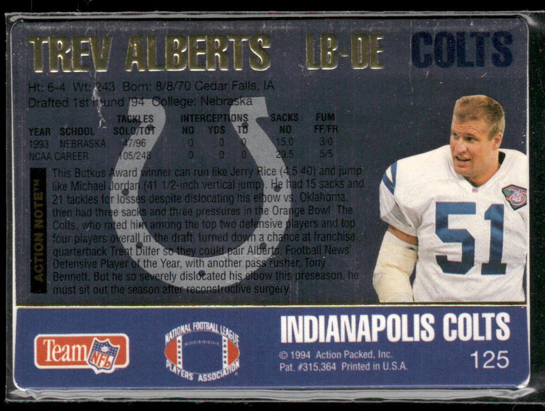 Trev Alberts 1994 Action Packed #125 RC Indianapolis Colts