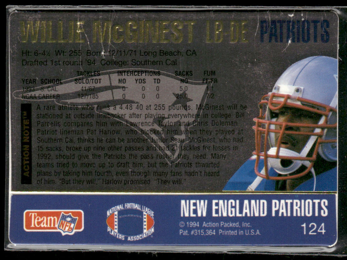 Willie McGinest 1994 Action Packed #124 RC New England Patriots