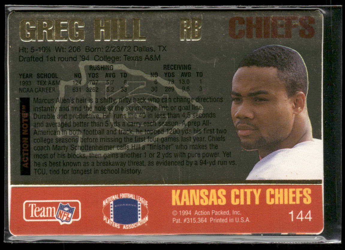Greg Hill 1994 Action Packed #144 RC Kansas City Chiefs