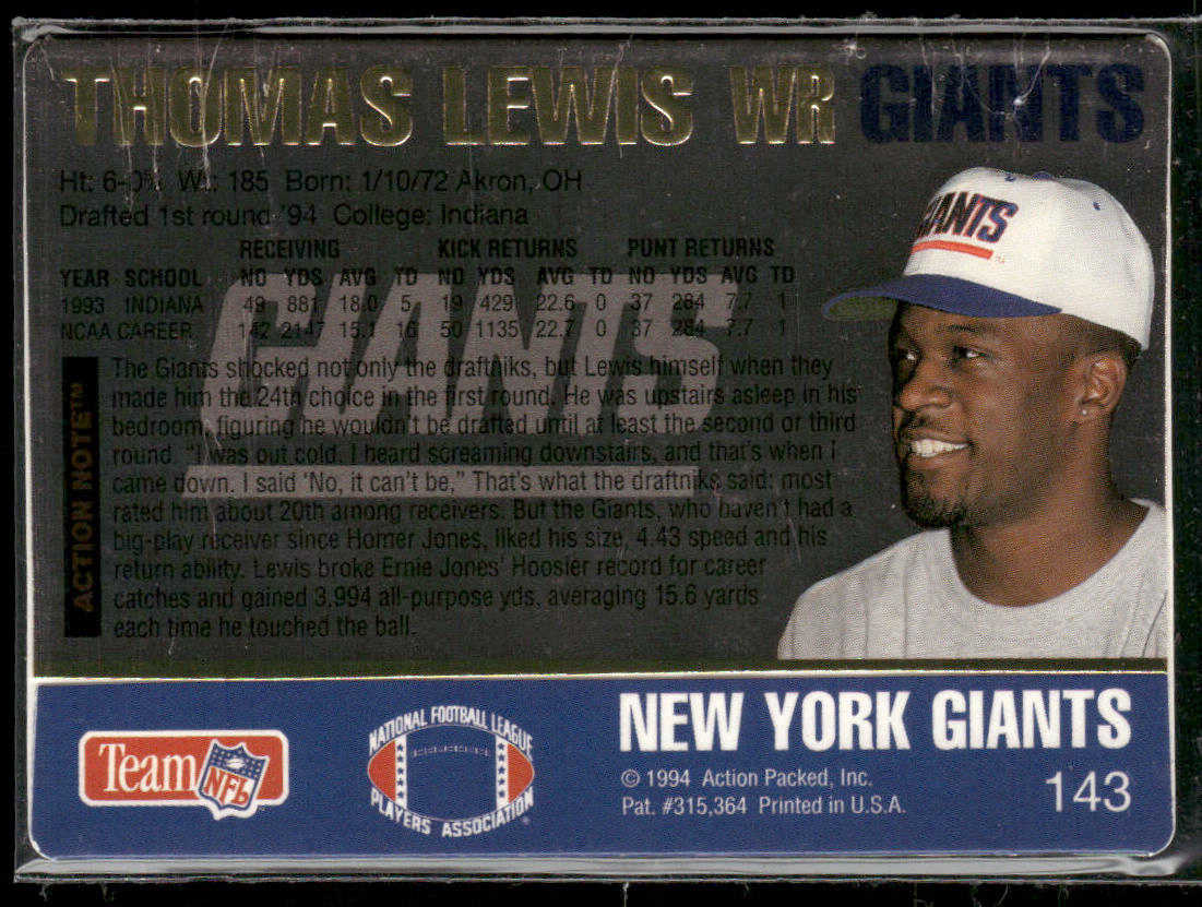Thomas Lewis 1994 Action Packed #143 RC New York Giants