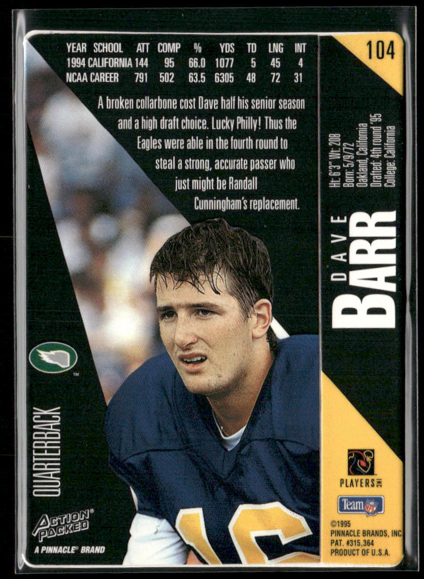 Dave Barr 1995 Action Packed #104 RC Philadelphia Eagles