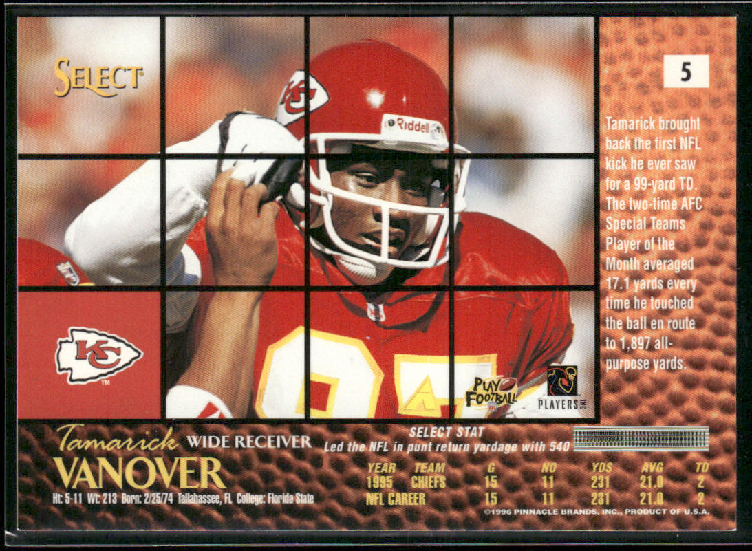 Tamarick Vanover 1996 Select #5 Kansas City Chiefs