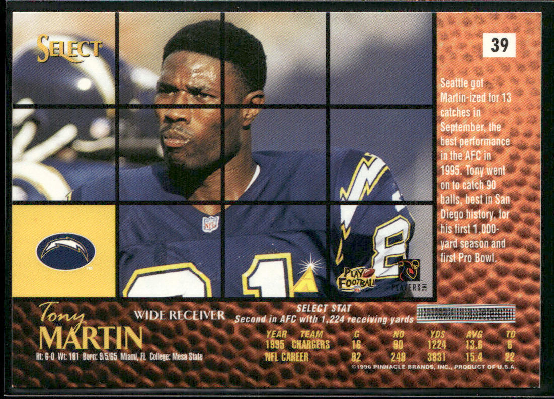 Tony Martin 1996 Select #39 San Diego Chargers