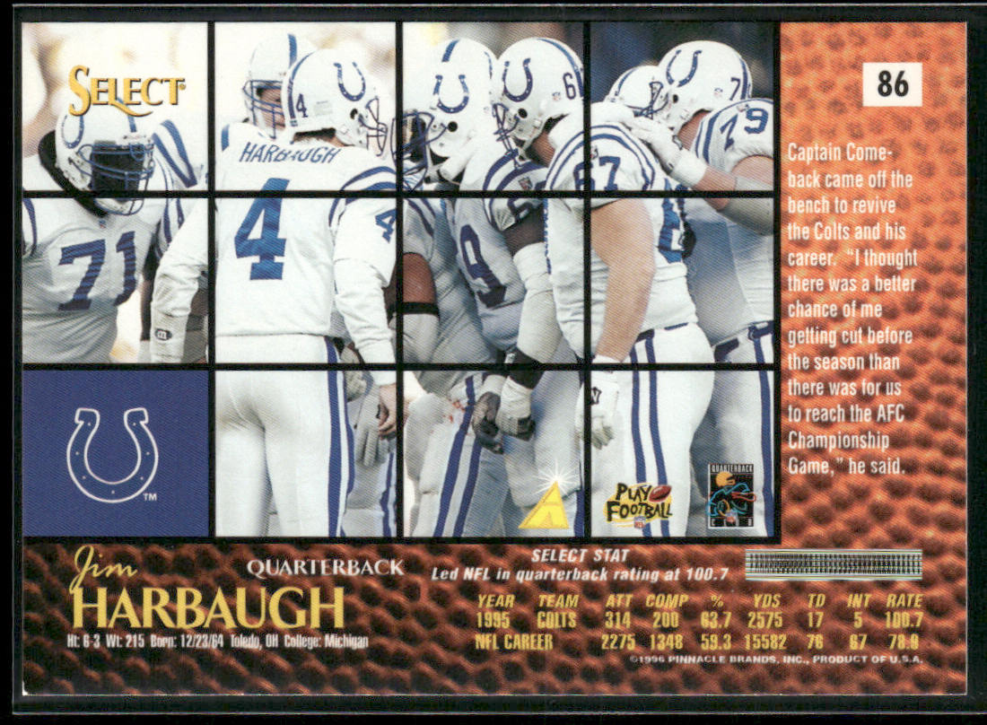 Jim Harbaugh 1996 Select #86 Indianapolis Colts