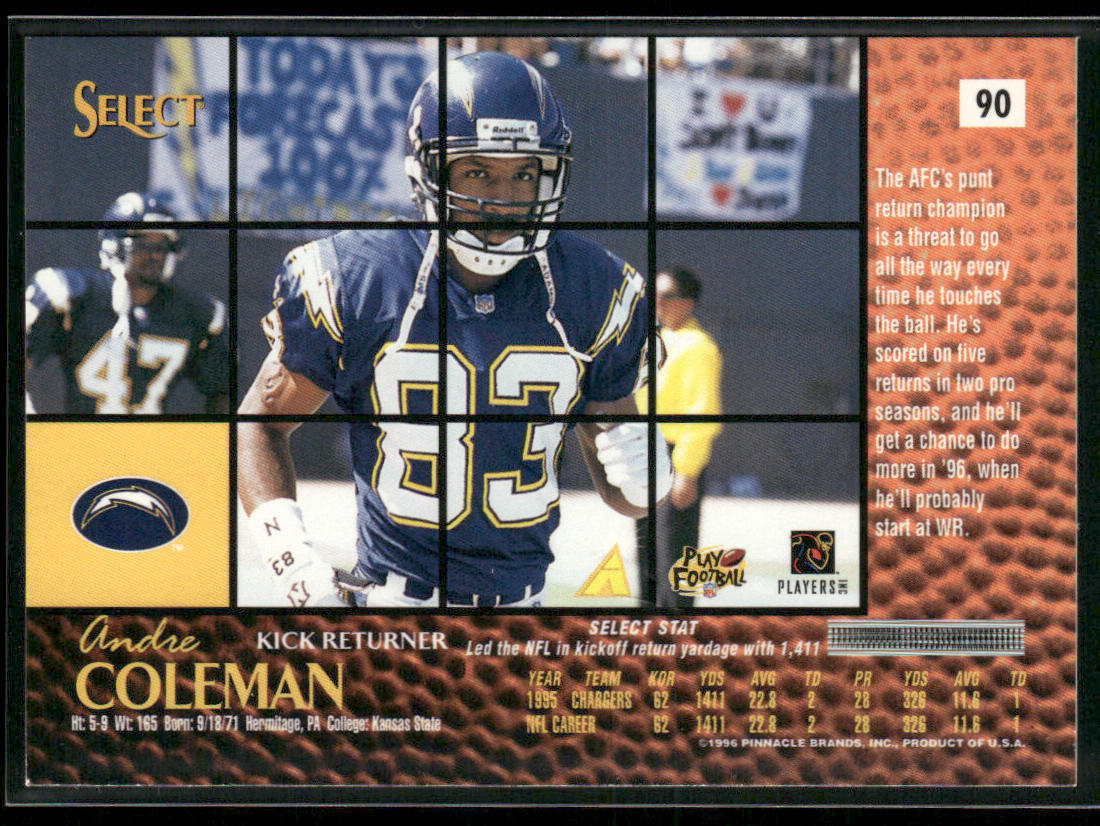 Andre Coleman 1996 Select #90 San Diego Chargers