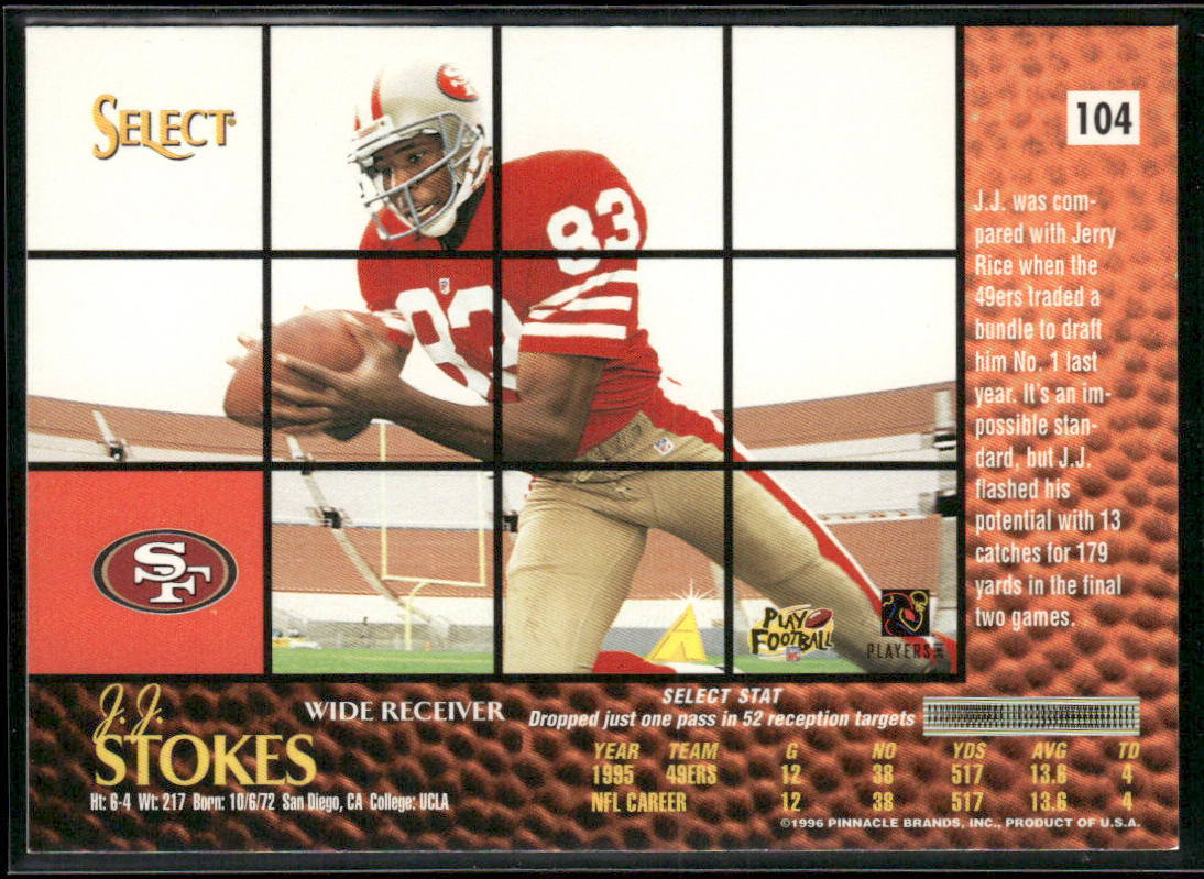 J.J. Stokes 1996 Select #104 San Francisco 49ers
