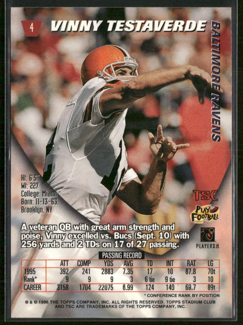 Vinny Testaverde 1996 Stadium Club #4 Baltimore Ravens