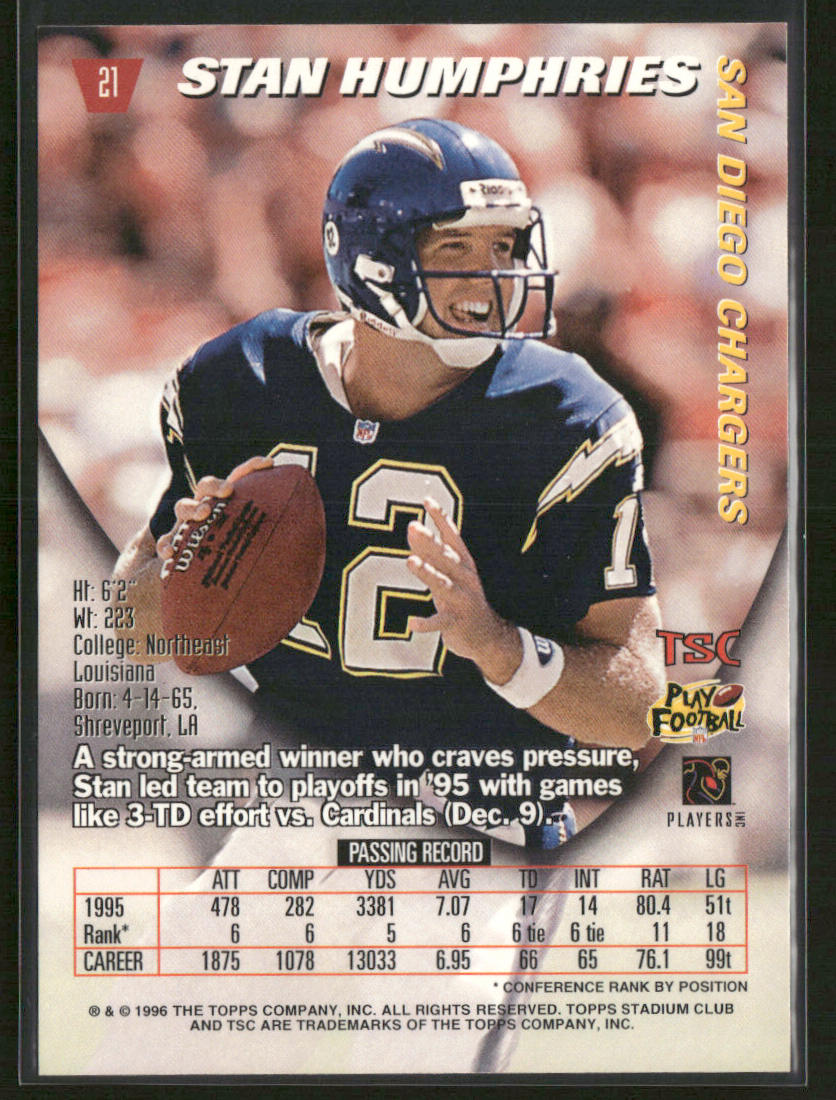 Stan Humphries 1996 Stadium Club #21 San Diego Chargers