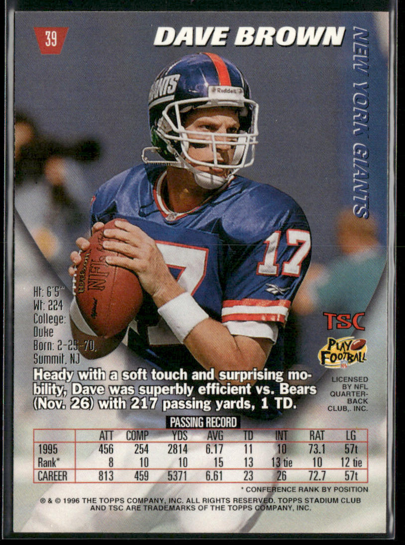 Dave Brown 1996 Stadium Club #39 New York Giants