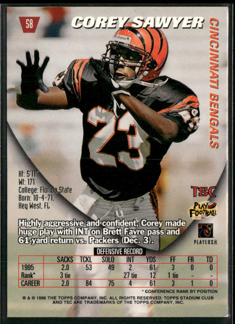 Corey Sawyer 1996 Stadium Club #58 Cincinnati Bengals