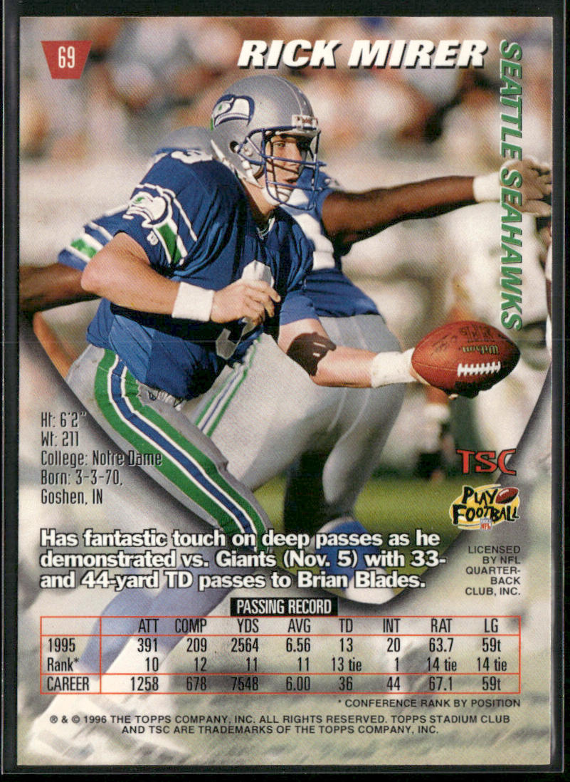 Rick Mirer 1996 Stadium Club #69 Seattle Seahawks