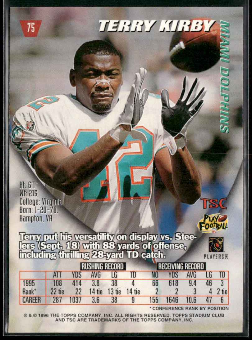 Terry Kirby 1996 Stadium Club #75 Miami Dolphins