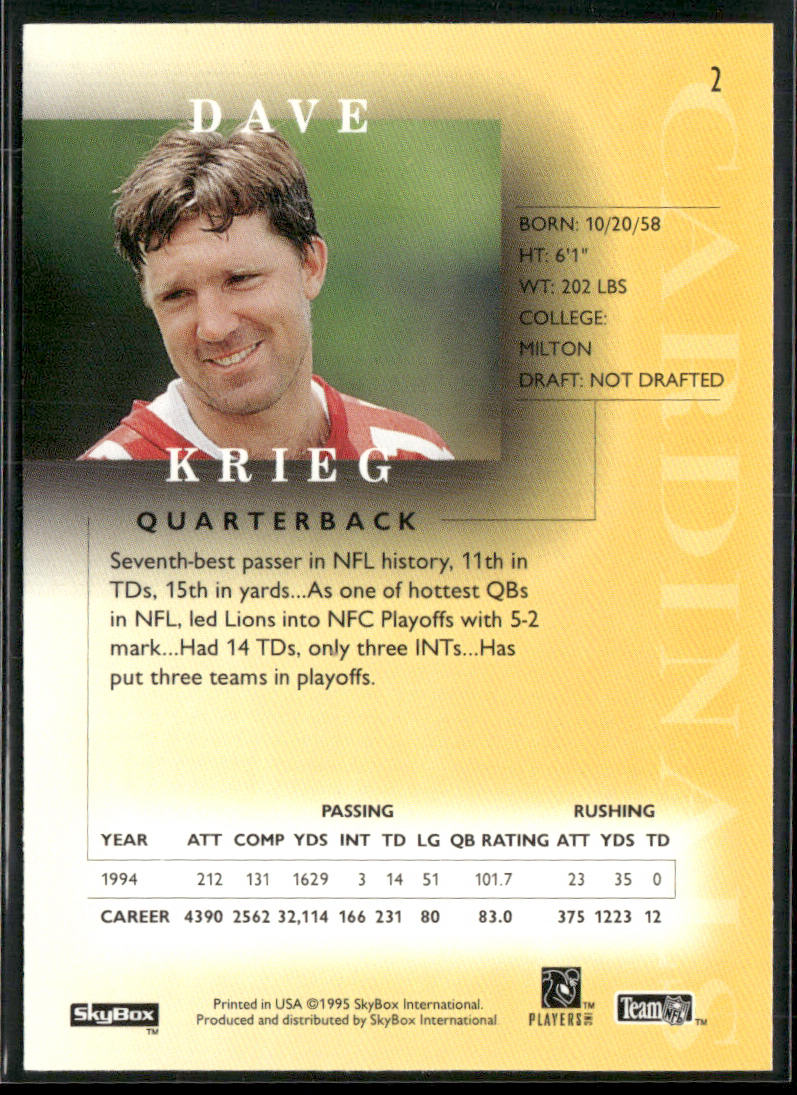 Dave Krieg 1995 SkyBox Premium #2 Arizona Cardinals