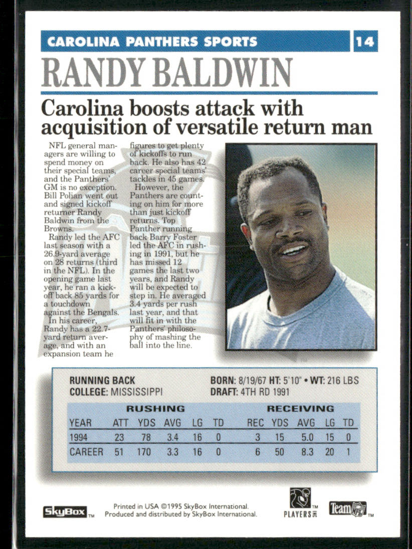 Randy Baldwin 1995 SkyBox Premium #14 Carolina Panthers