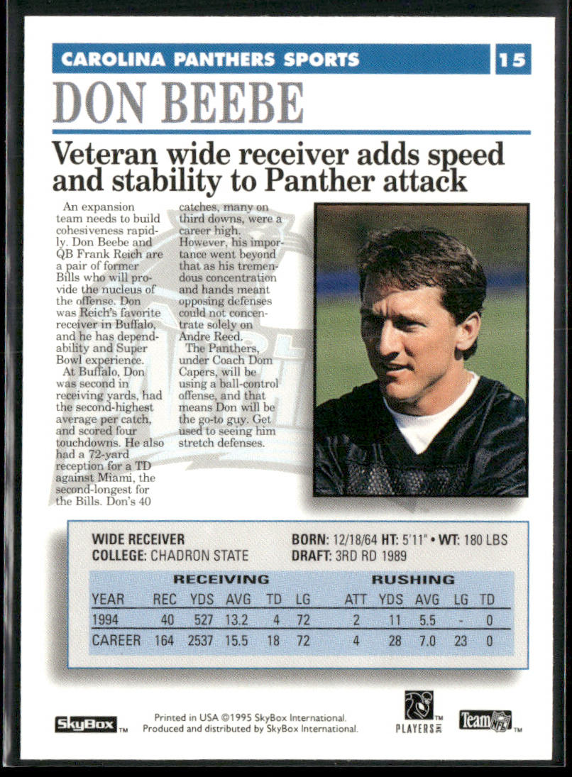 Don Beebe 1995 SkyBox Premium #15 Carolina Panthers