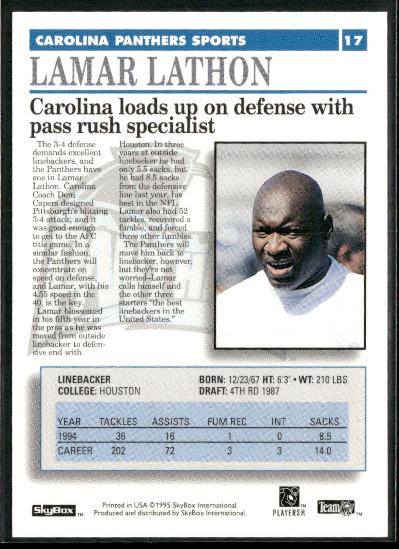 Lamar Lathon 1995 SkyBox Premium #17 Carolina Panthers