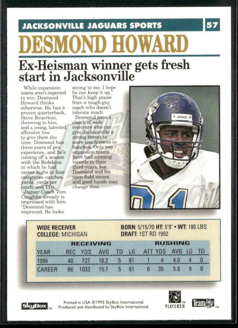 Desmond Howard 1995 SkyBox Premium #57 Jacksonville Jaguars