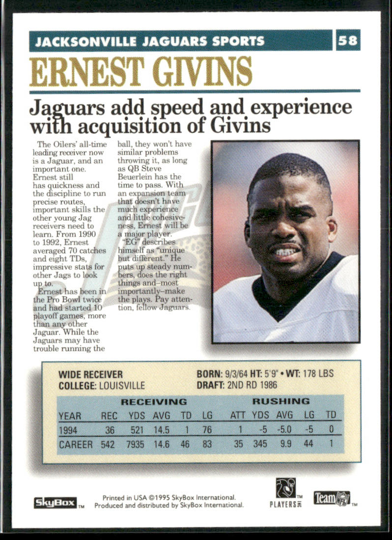 Ernest Givins 1995 SkyBox Premium #58 Jacksonville Jaguars