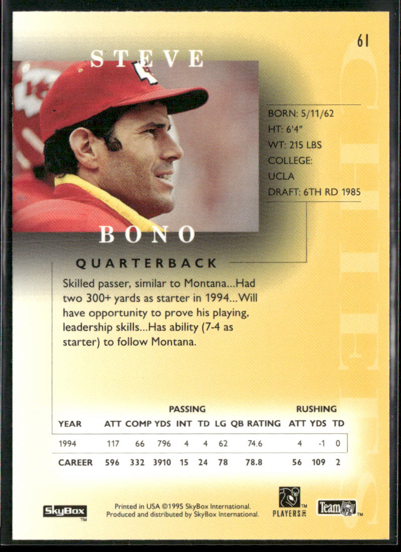 Steve Bono 1995 SkyBox Premium #61 Kansas City Chiefs