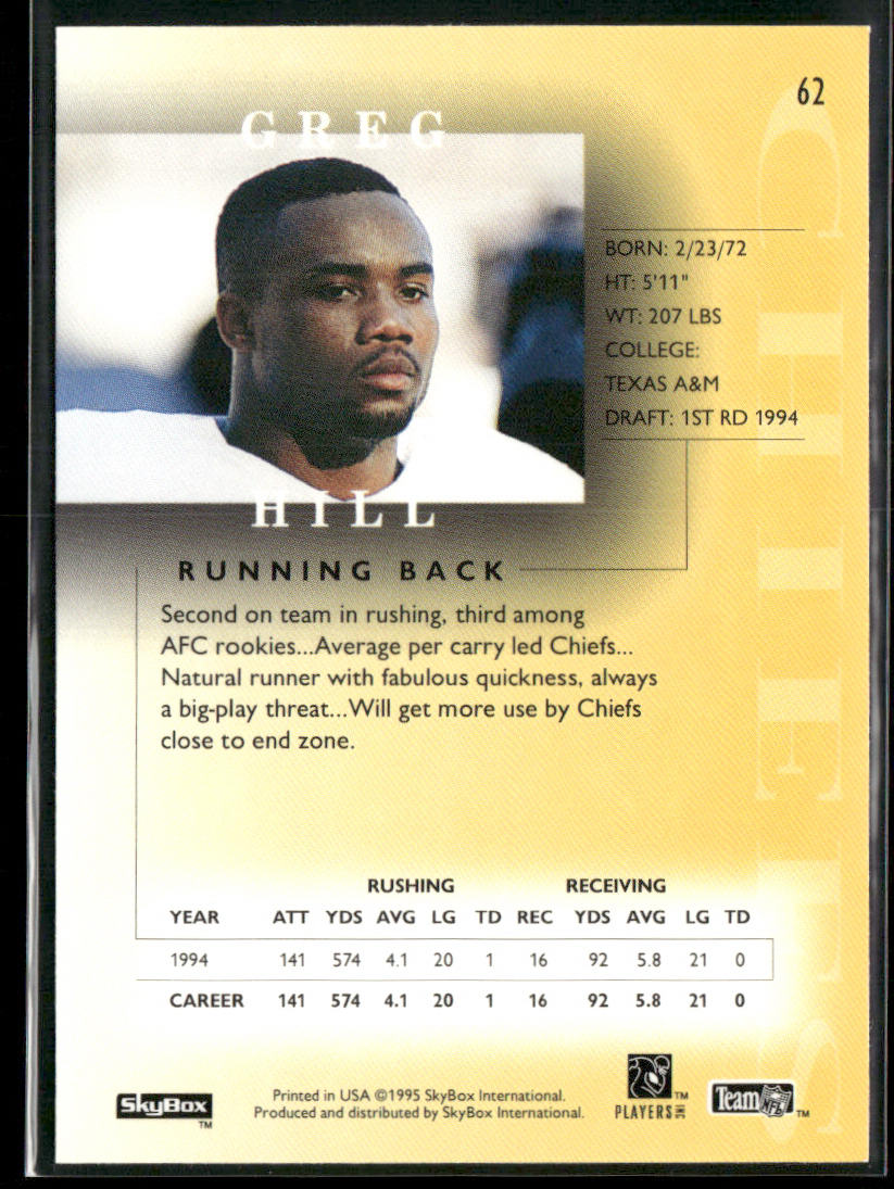 Greg Hill 1995 SkyBox Premium #62 Kansas City Chiefs