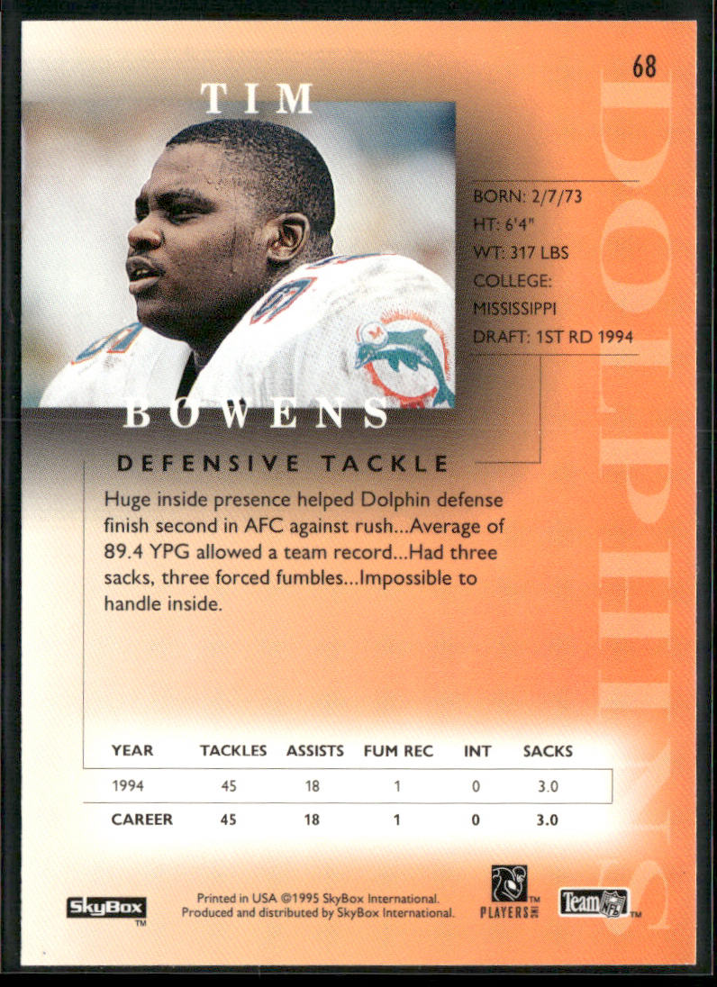 Tim Bowens 1995 SkyBox Premium #68 Miami Dolphins