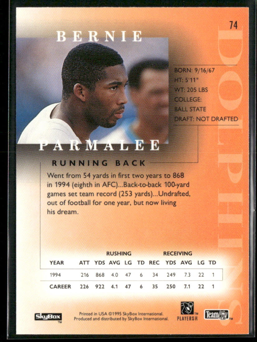 Bernie Parmalee 1995 SkyBox Premium #74 Miami Dolphins
