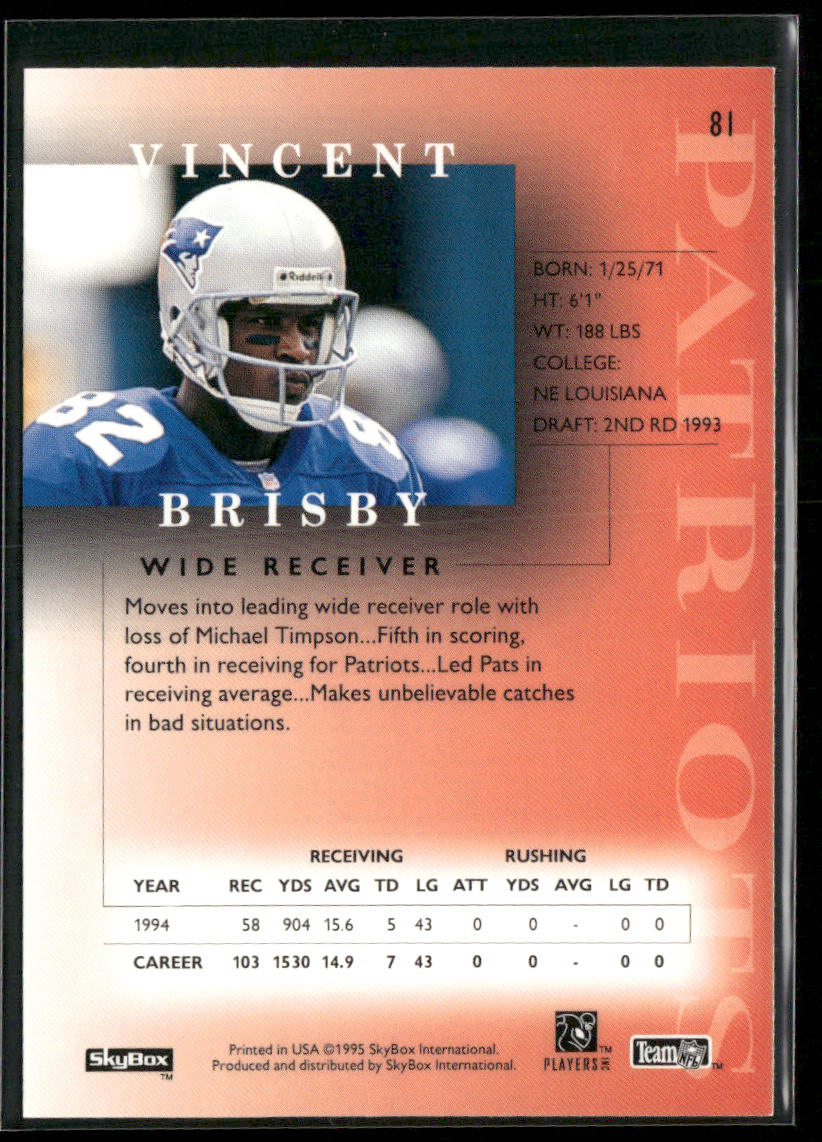 Vincent Brisby 1995 SkyBox Premium #81 New England Patriots