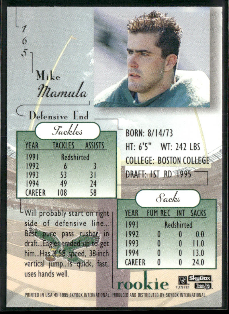 Mike Mamula 1995 SkyBox Premium #165 RC Philadelphia Eagles