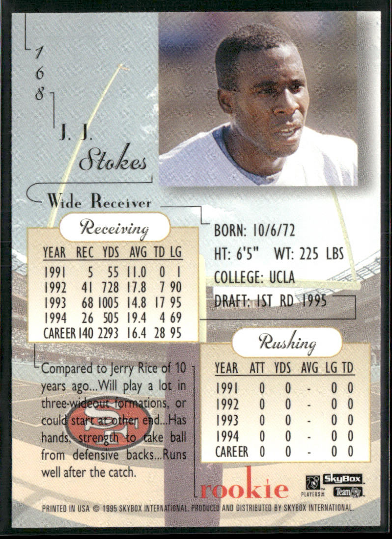 J.J. Stokes 1995 SkyBox Premium #168 RC San Francisco 49ers