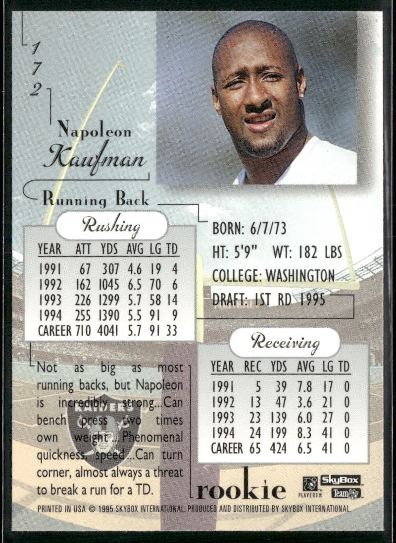 Napoleon Kaufman 1995 SkyBox Premium #172 RC Oakland Raiders