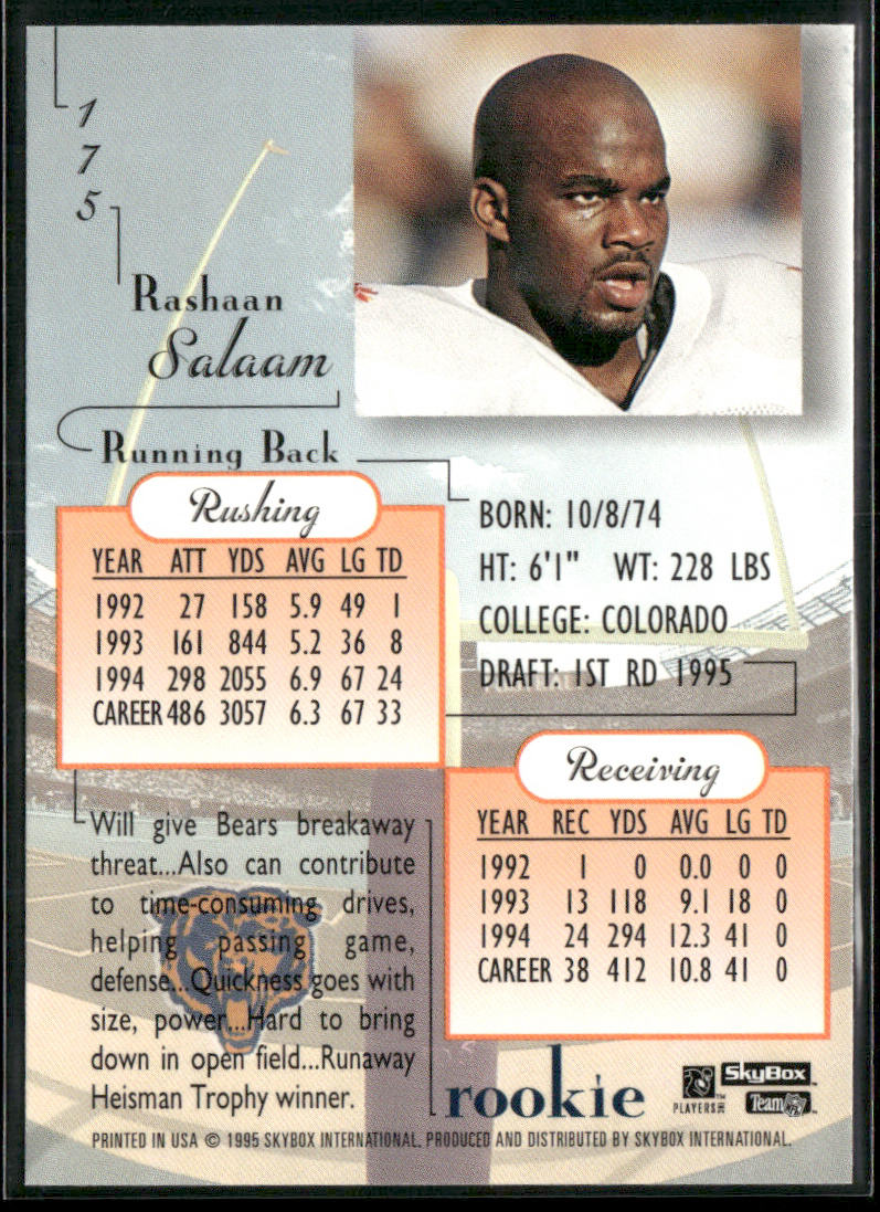 Rashaan Salaam 1995 SkyBox Premium #175 RC Chicago Bears