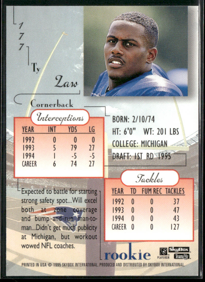 Ty Law 1995 SkyBox Premium #177 RC New England Patriots