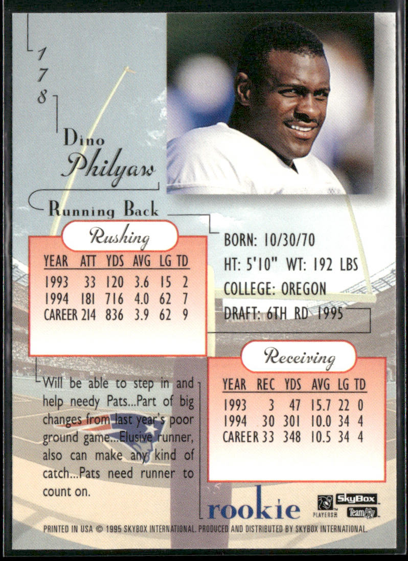 Dino Philyaw 1995 SkyBox Premium #178 RC New England Patriots