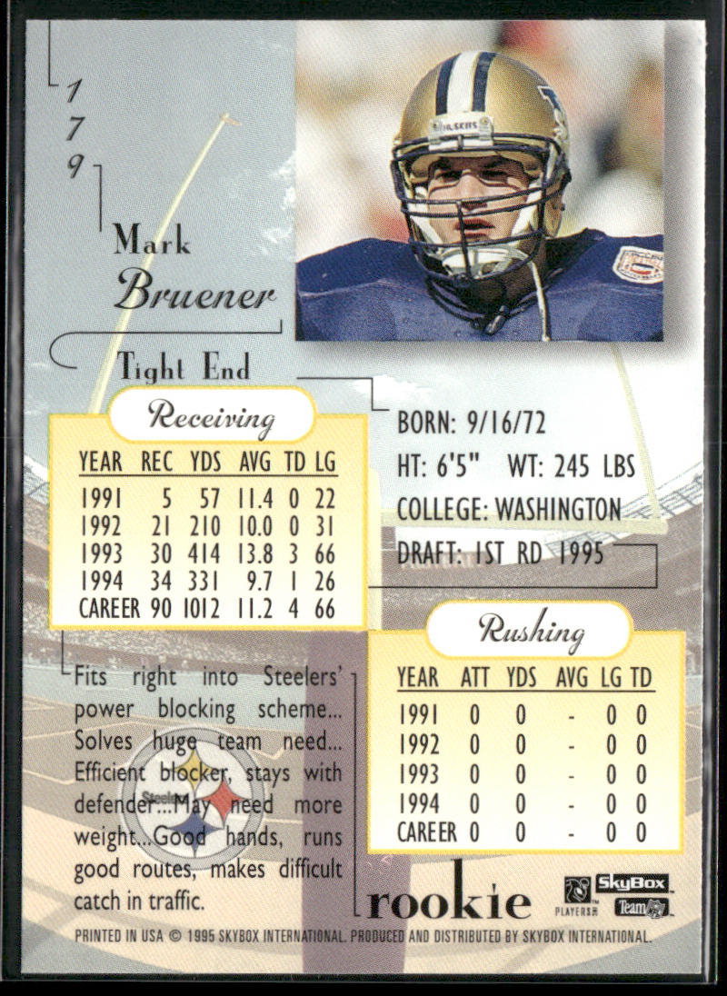 Mark Bruener 1995 SkyBox Premium #179 RC Pittsburgh Steelers