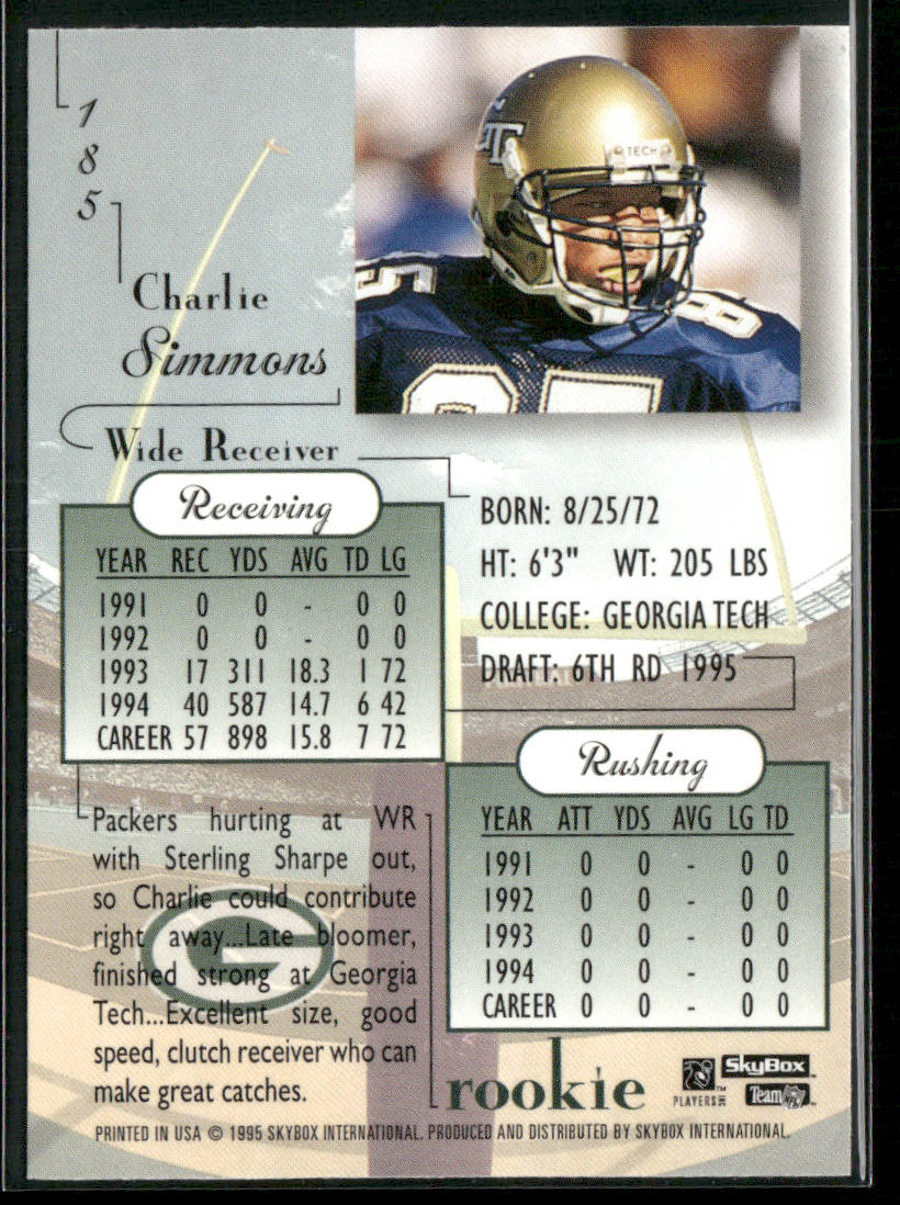 Charlie Simmons 1995 SkyBox Premium #185 RC Green Bay Packers