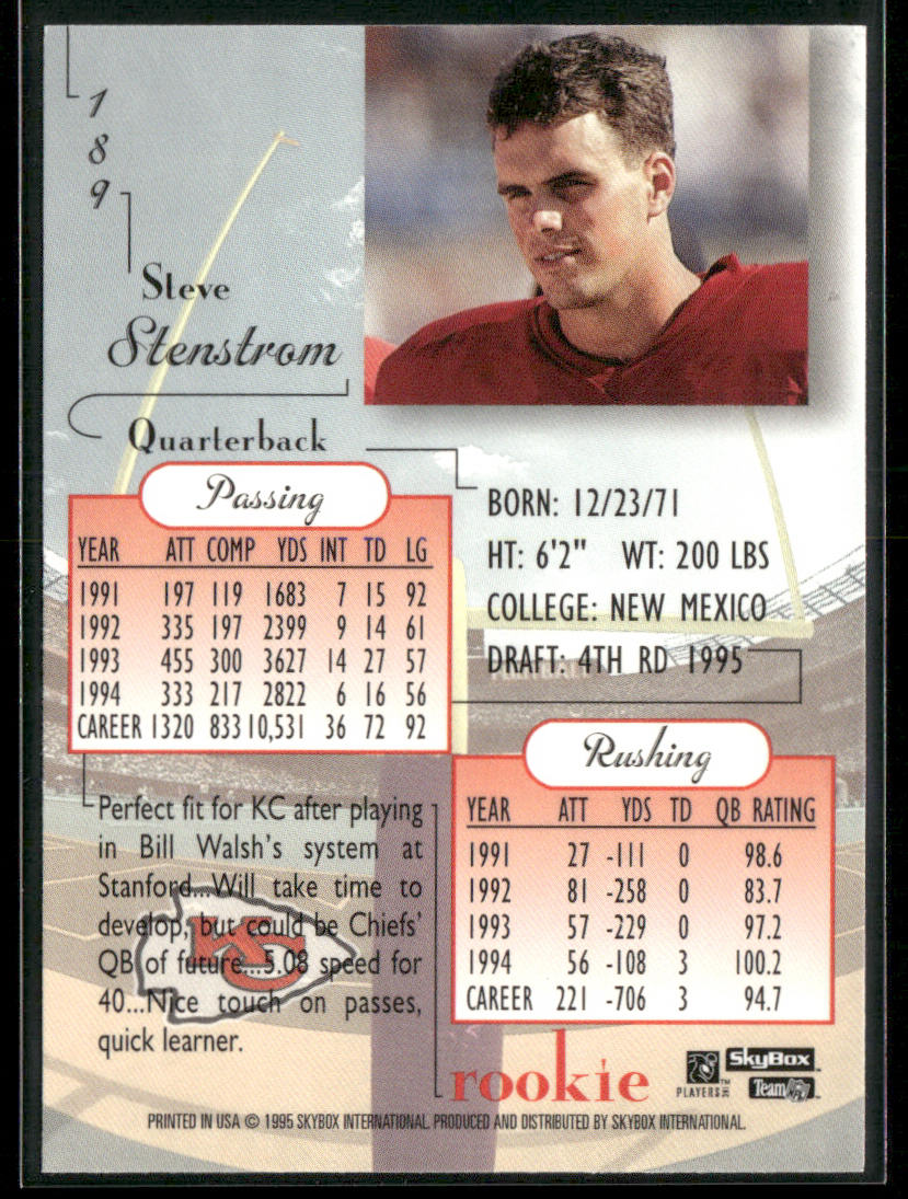 Steve Stenstrom 1995 SkyBox Premium #189 RC Kansas City Chiefs