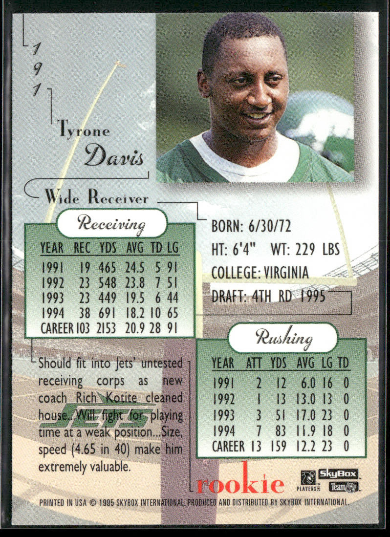Tyrone Davis 1995 SkyBox Premium #191 RC New York Jets