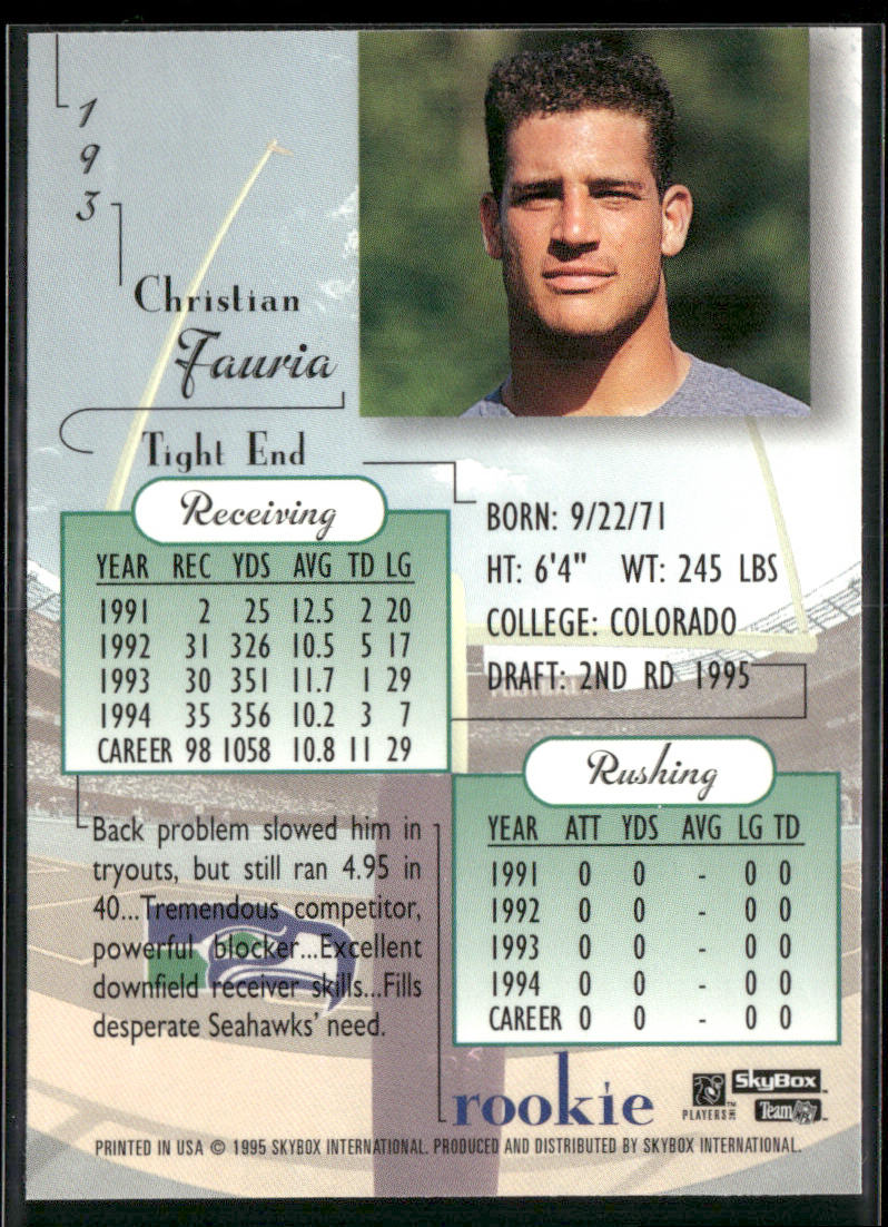 Christian Fauria 1995 SkyBox Premium #193 RC Seattle Seahawks