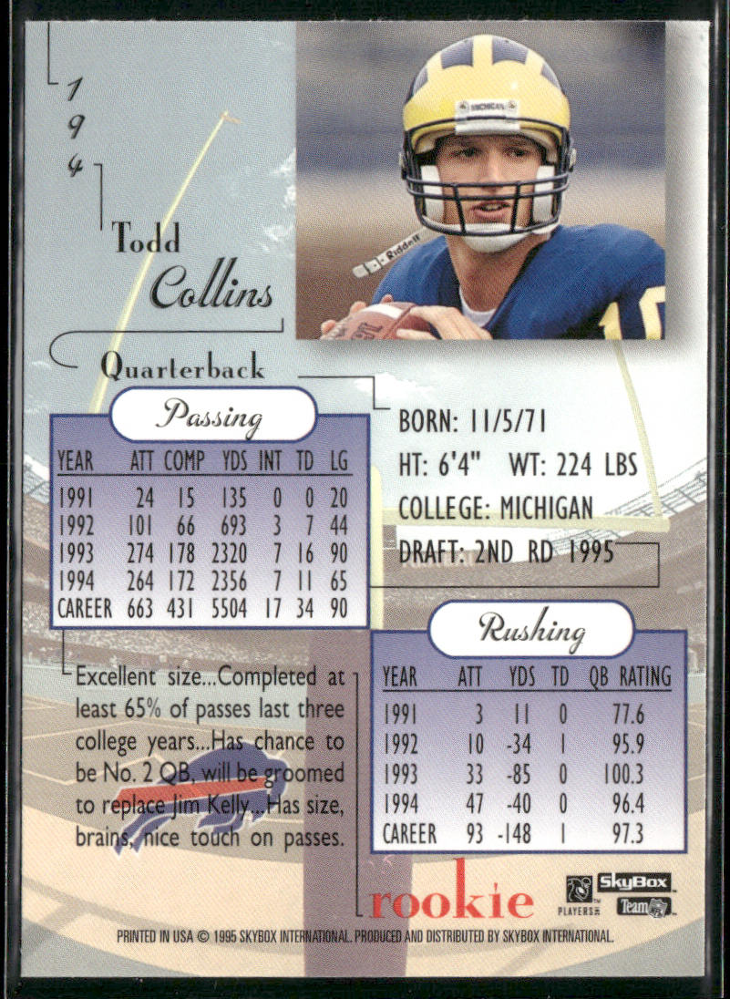 Todd Collins 1995 SkyBox Premium #194 RC Buffalo Bills