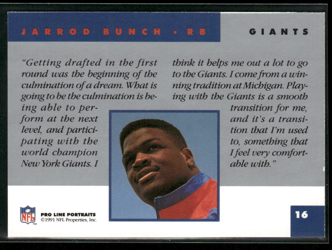 Jarrod Bunch 1991 Pro Line Portraits #16 RC New York Giants