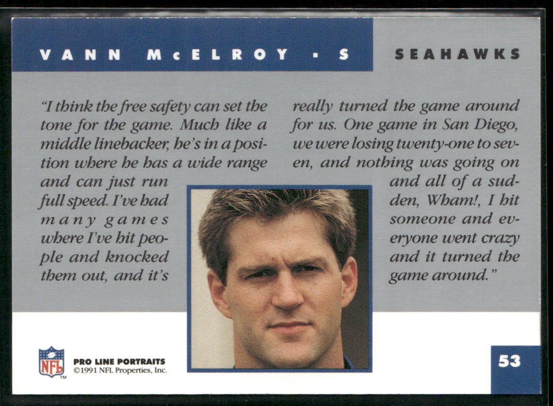 Vann McElroy 1991 Pro Line Portraits #53 Seattle Seahawks