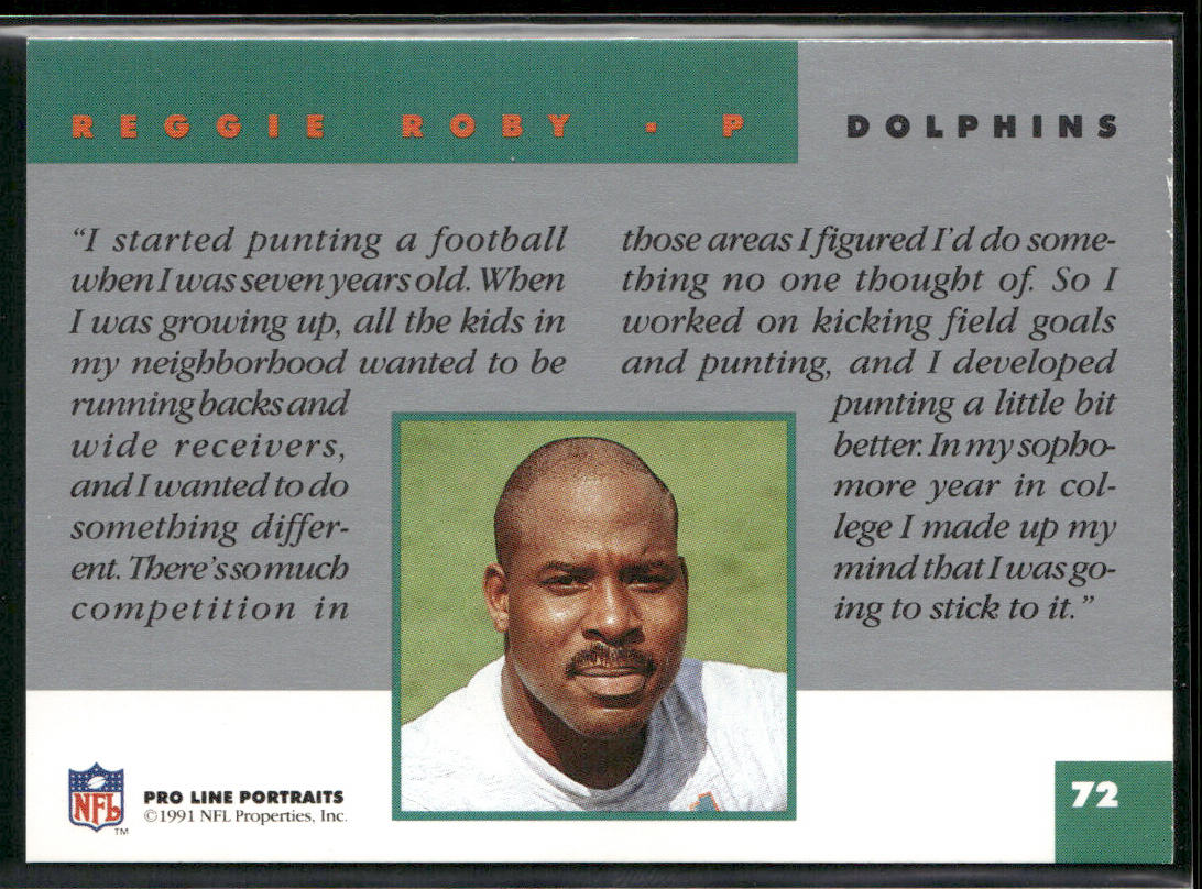 Reggie Roby 1991 Pro Line Portraits #72 Miami Dolphins