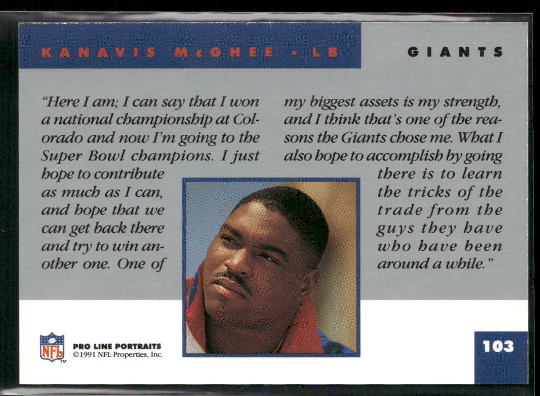 Kanavis McGhee 1991 Pro Line Portraits #103 RC New York Giants