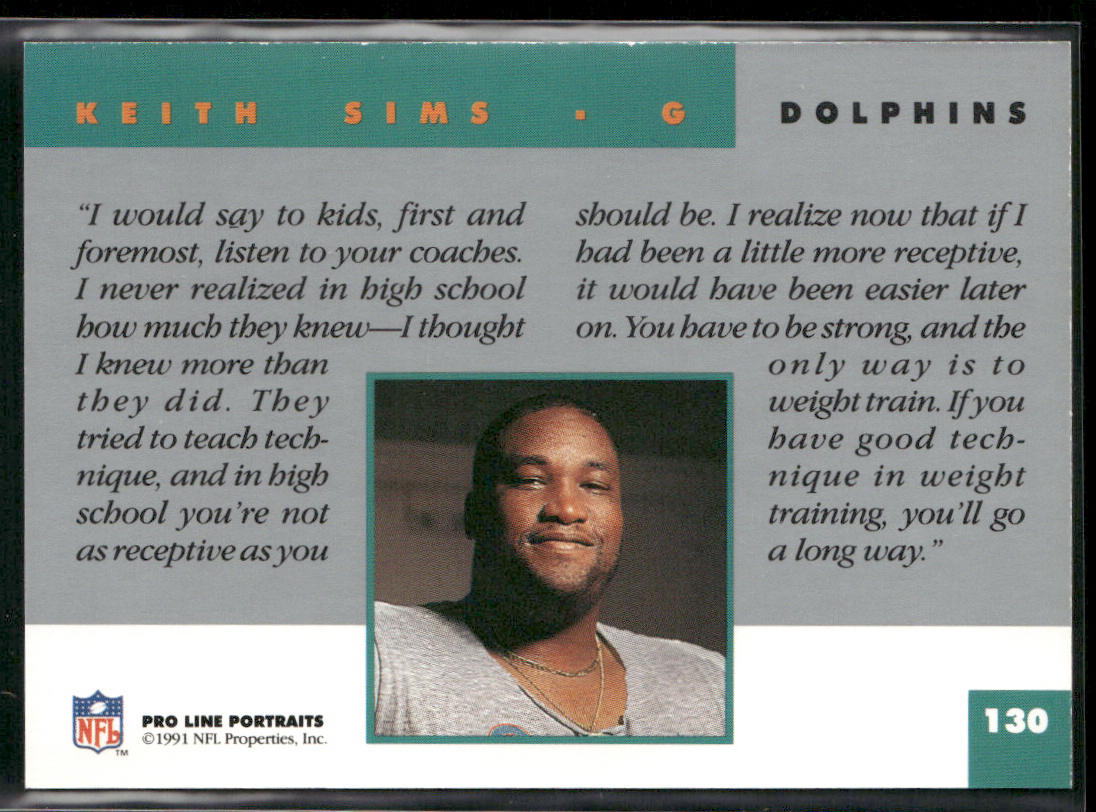 Keith Sims 1991 Pro Line Portraits #130 Miami Dolphins