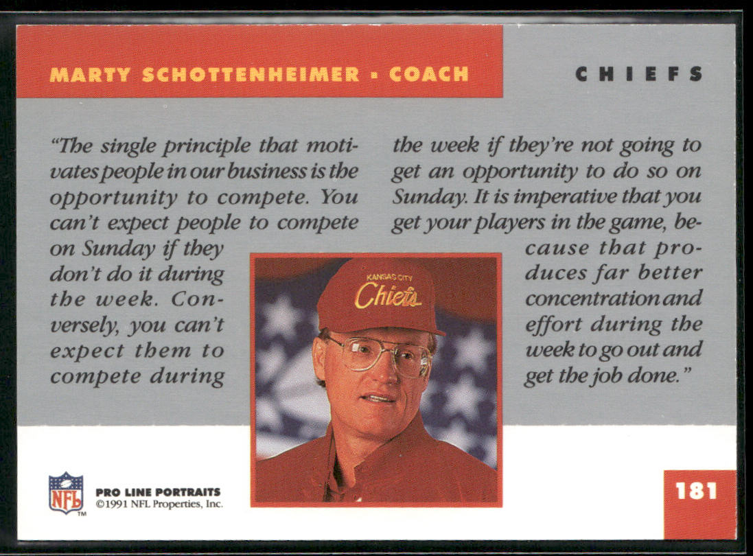 Marty Schottenheimer 1991 Pro Line Portraits #181 Kansas City Chiefs