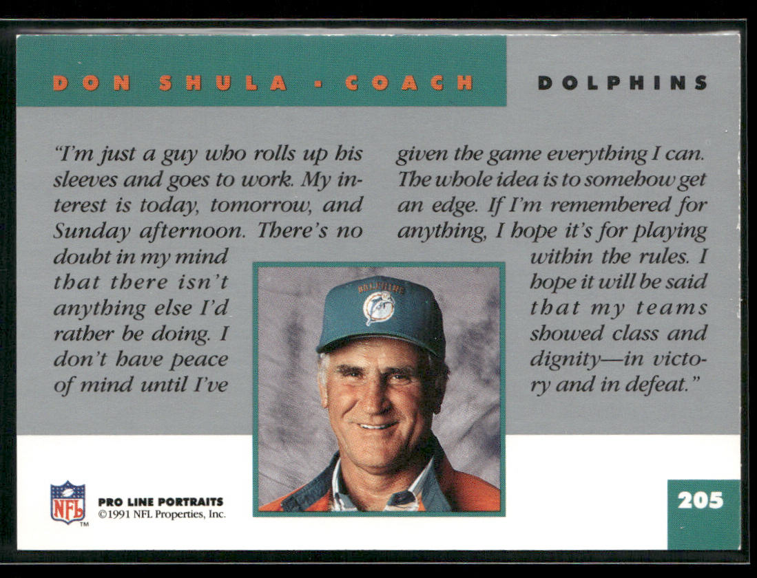 Don Shula 1991 Pro Line Portraits #205 Miami Dolphins